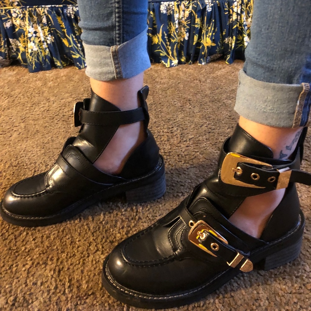 Cut-Out Ankle Booties with Gold Buckle